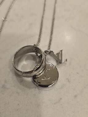 Louis Vuitton Silver LV Coin Pendant Necklace with Ring Charm
